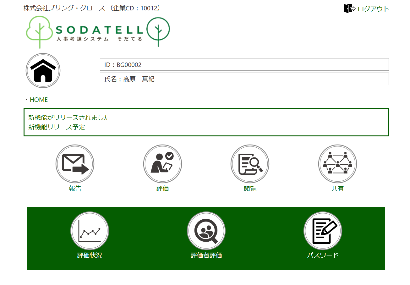 SODATELL＋のPC用TOP画面。報告・評価・閲覧・共有・評価状況・評価者評価のメニュー