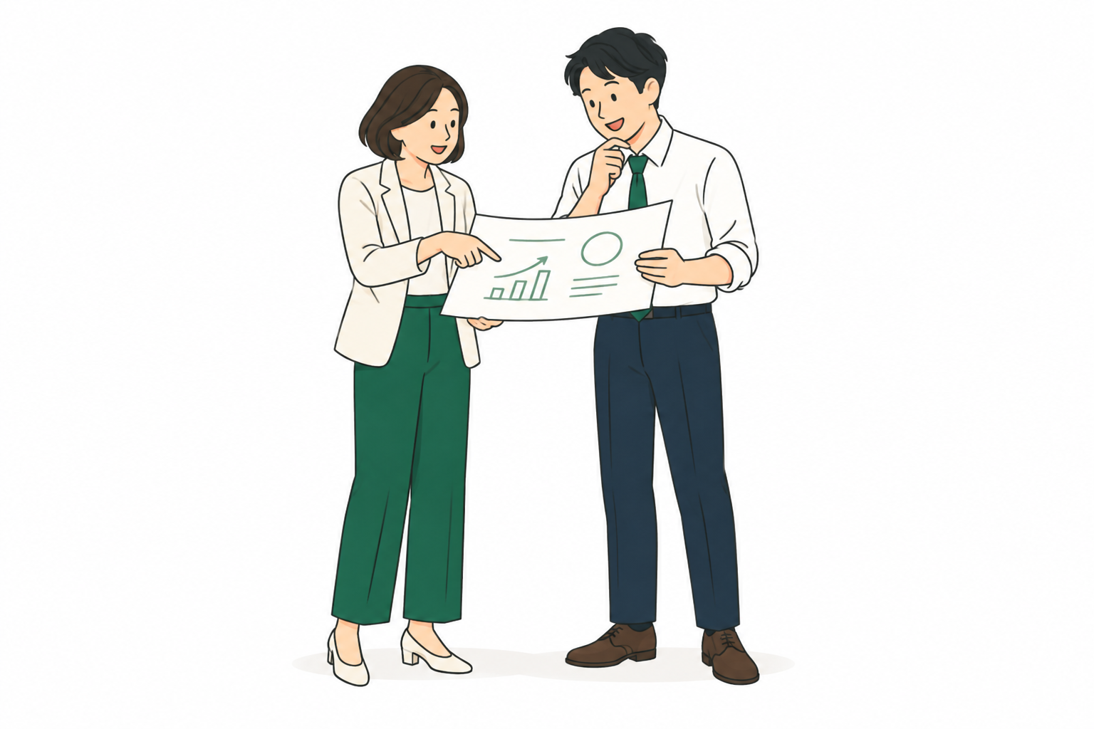 一枚の紙を見ながら目指す姿を一緒に考える二人。ブリング・グロースの会社紹介ページと同じイラスト